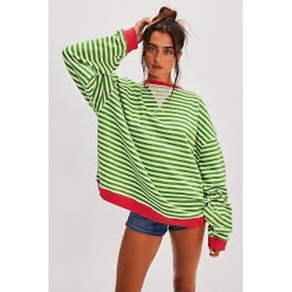 We The Free Free People Striped Sweatshirt Green Pink White OB1717006 Womens M - Picture 1 of 9